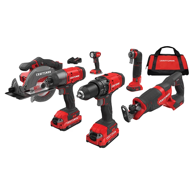 Ensemble de 6 outils 20 V Craftsman avec batteries et chargeur, sans fil, lumière DEL à 140 lumens, vitesse variable 1 Ensemble de 6 outils 20 V Craftsman avec batteries et chargeur, sans fil, lumière DEL à 140 lumens, vitesse variable