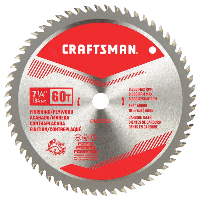 Lame de scie circulaire Craftsman, carbure, 60 dents, coupes transversales fines, 7 1/4 po dia, 1 par paquet 1 Lame de scie circulaire Craftsman, carbure, 60 dents, coupes transversales fines, 7 1/4 po dia, 1 par paquet