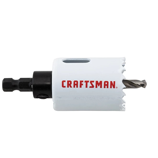 Scie-cloche avec mèche pilote Craftsman, 1 1/2 po dia, bimétallique, avec arbre, blanche 1 Scie-cloche avec mèche pilote Craftsman, 1 1/2 po dia, bimétallique, avec arbre, blanche
